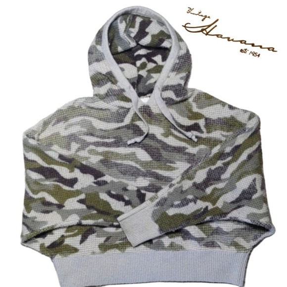 Vintage Havana Cropped Waffle Thermal Sweatshirt Hoodie - Picture 1 of 6
